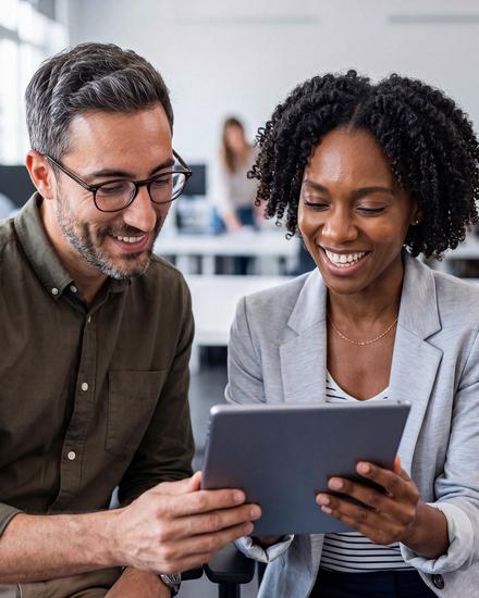 Zwei Personen sitzen nebeneinander und schauen gemeinsam auf ein Tablet Zwei Personen sitzen nebeneinander und schauen gemeinsam auf ein Tablet